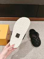 LV Flat Mule Black With Fur Monogram Suede