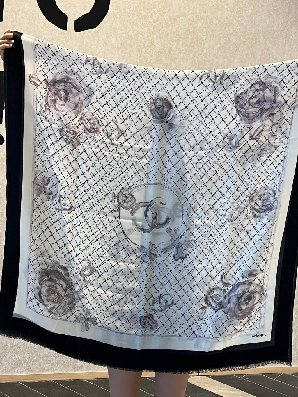 CC Scarf 200 CM In Black White Cashmere Silk  255991