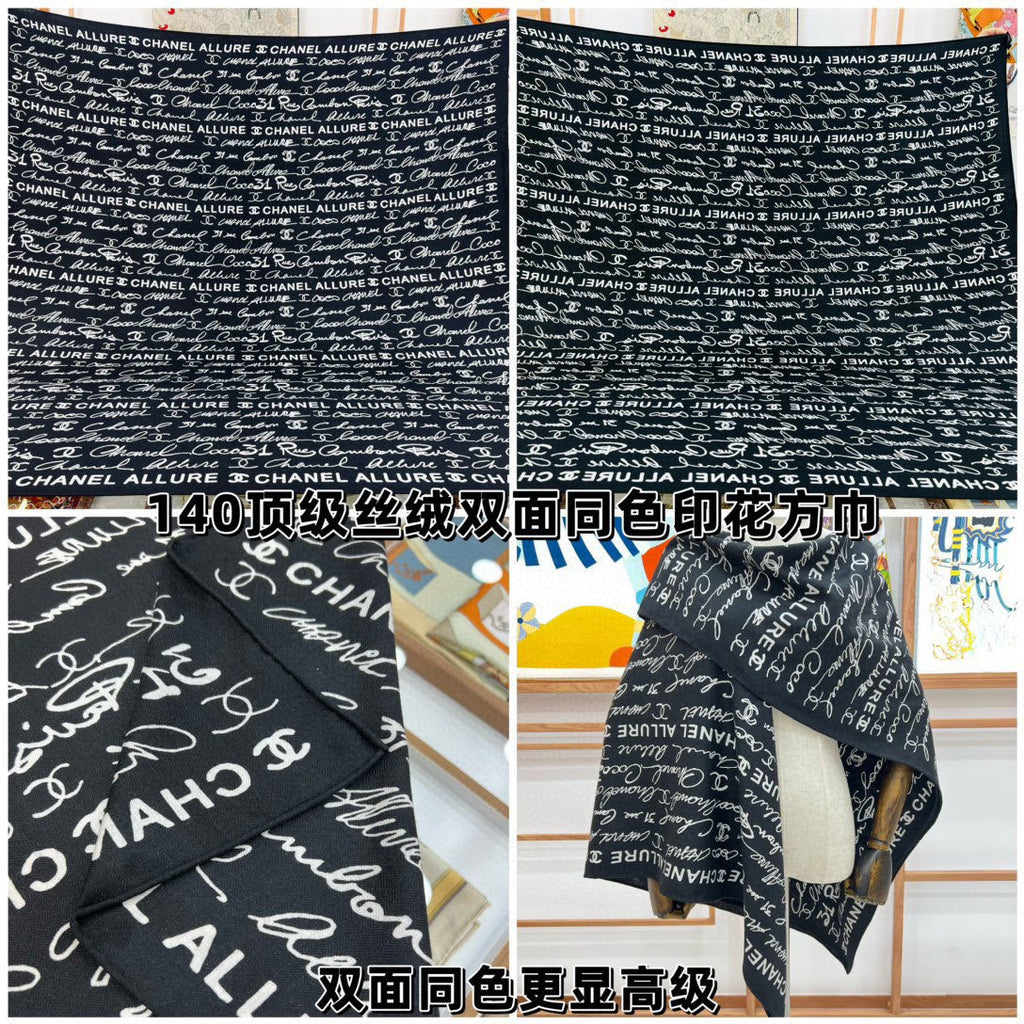 CC Square Scarf 140 CM In Black With White Text Cashmere And Silk 286378