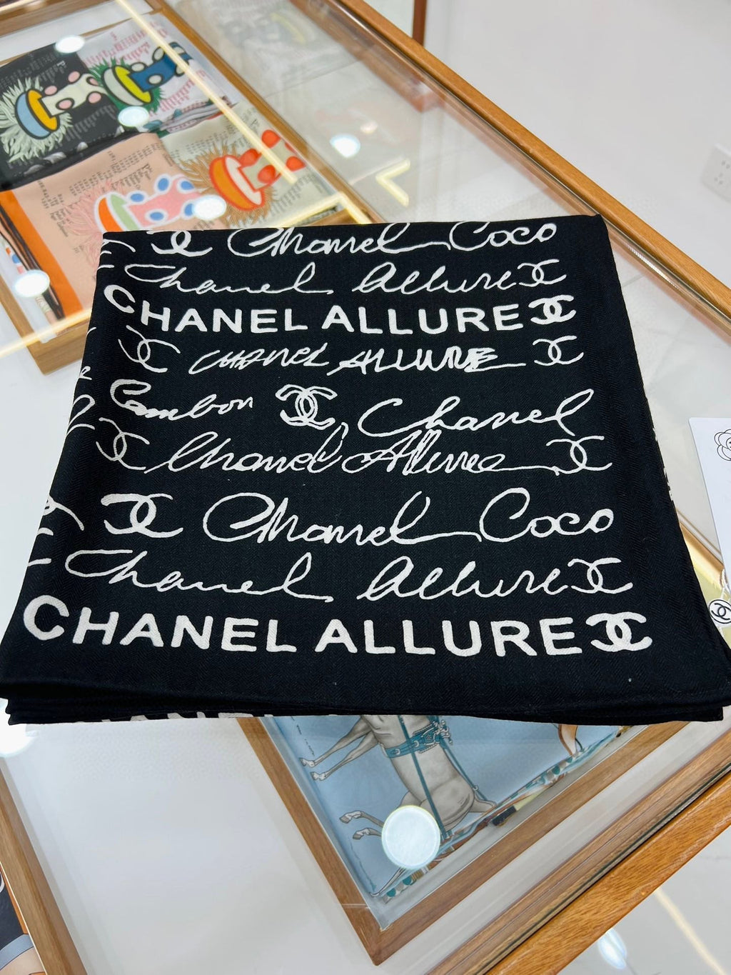CC Square Scarf 140 CM In Black With White Text Cashmere And Silk 286378