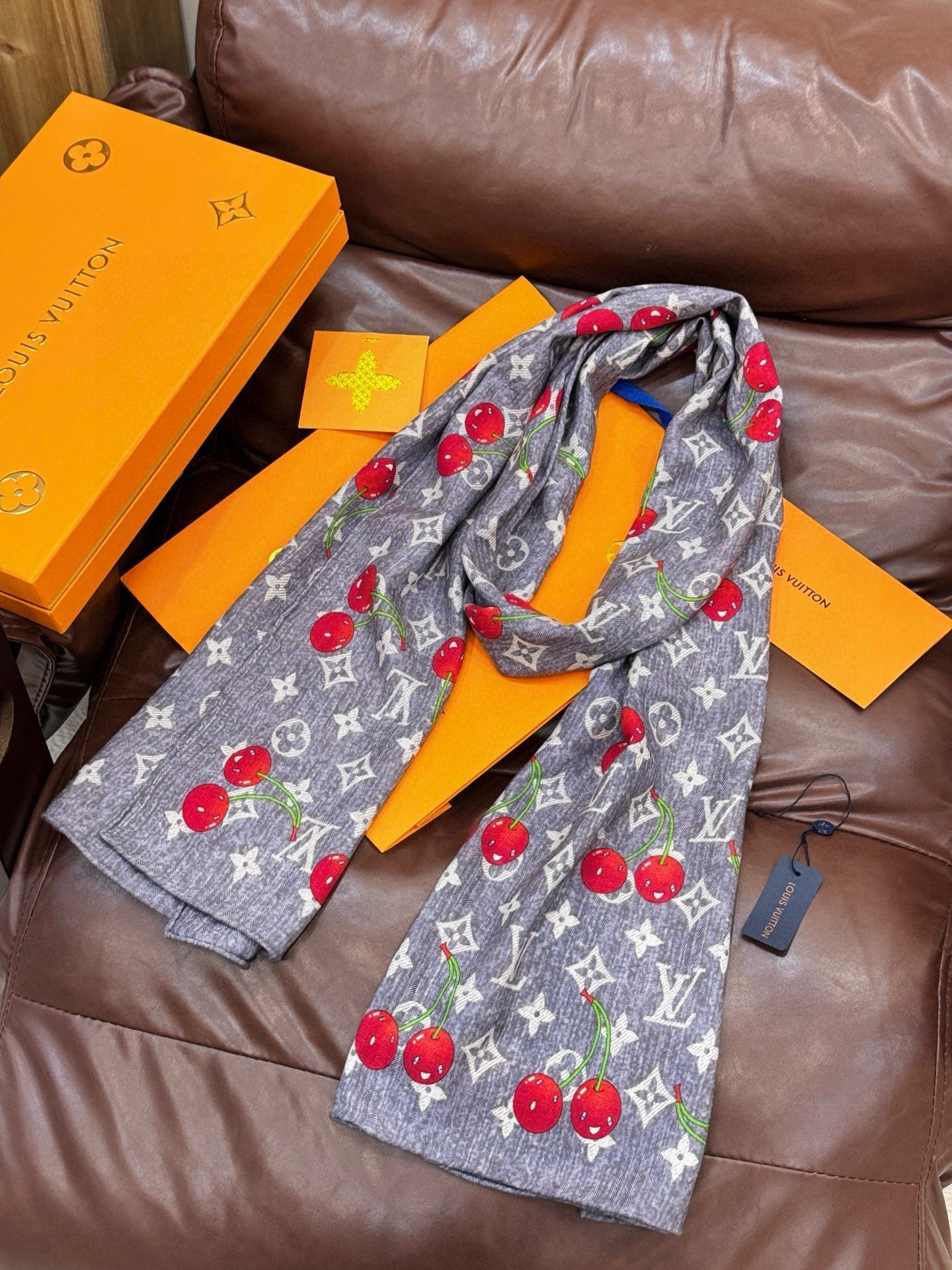 LV X TM Monogram Scarf 180CM Gray Red Cashmere 293171