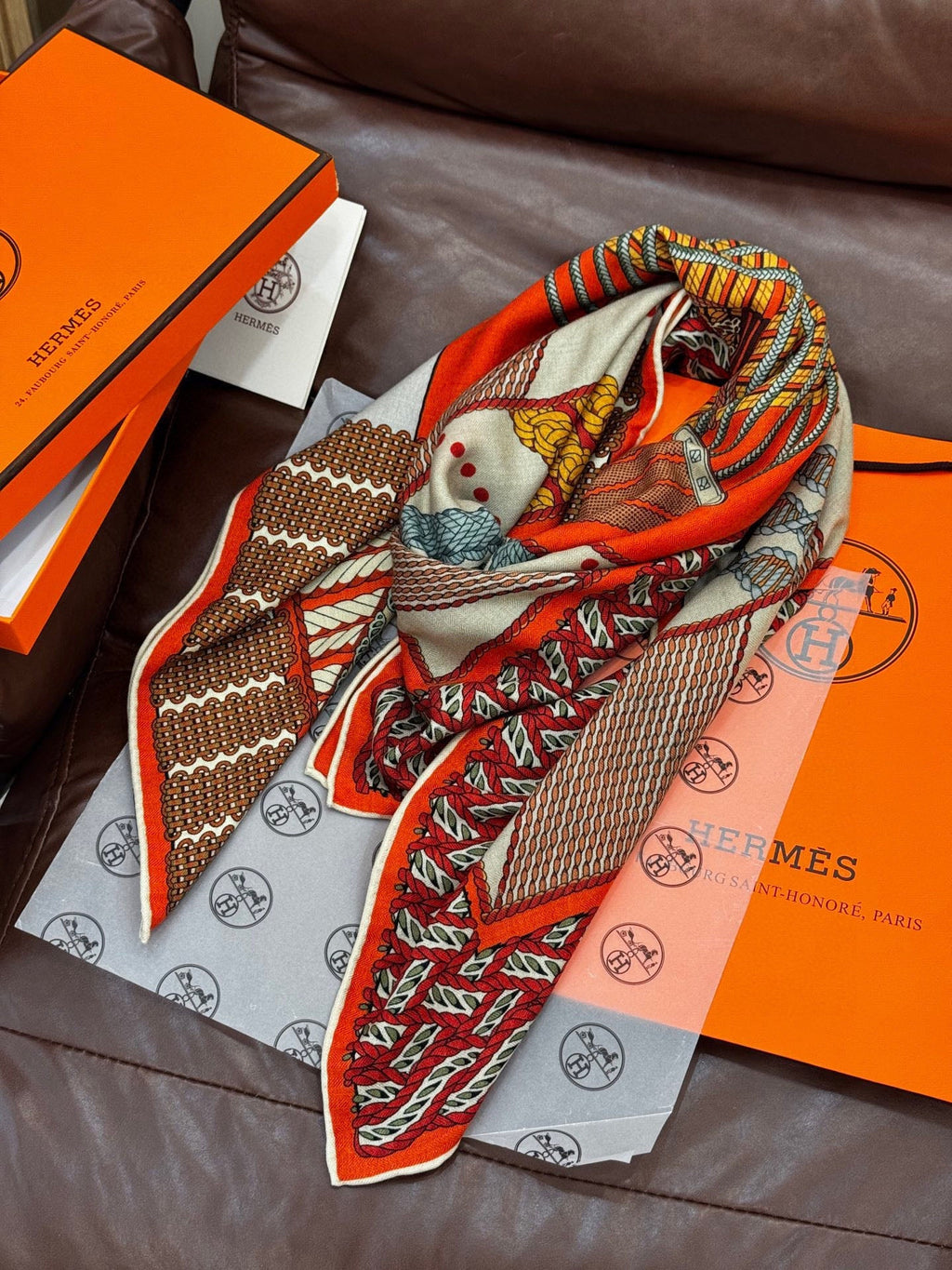 HM Dressage Tressage 140 CM Orange White Colorful Cashmere And Silk 293225