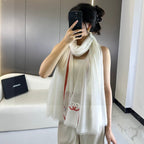 CC Scarf 180 CM In White With Red Border Cashmere Silk 287510