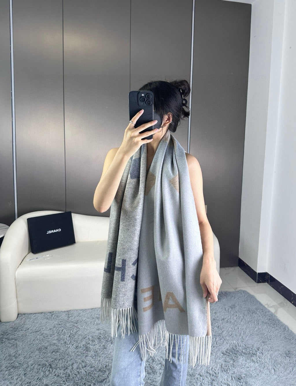 CC Scarf 180 CM In Grey Blue Mix Brown Cashmere Wool 368879