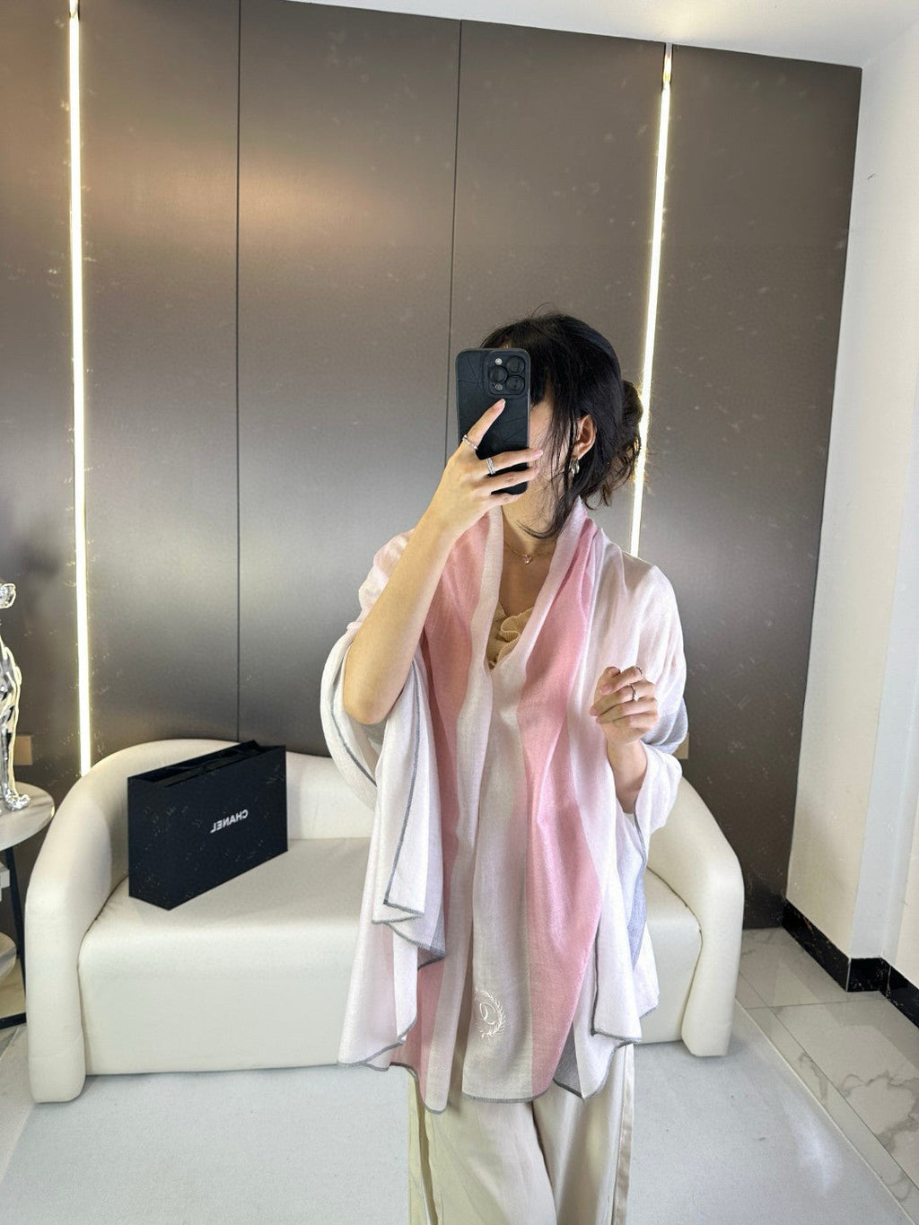 CC Scarf 200 CM In Light Pink Mix Light Grey Beige Cashmere Silk  396448