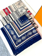 Tatouages Marins Bandana Shawl 135 CM Dark Blue Mix White Red Cashmere And Silk 401090