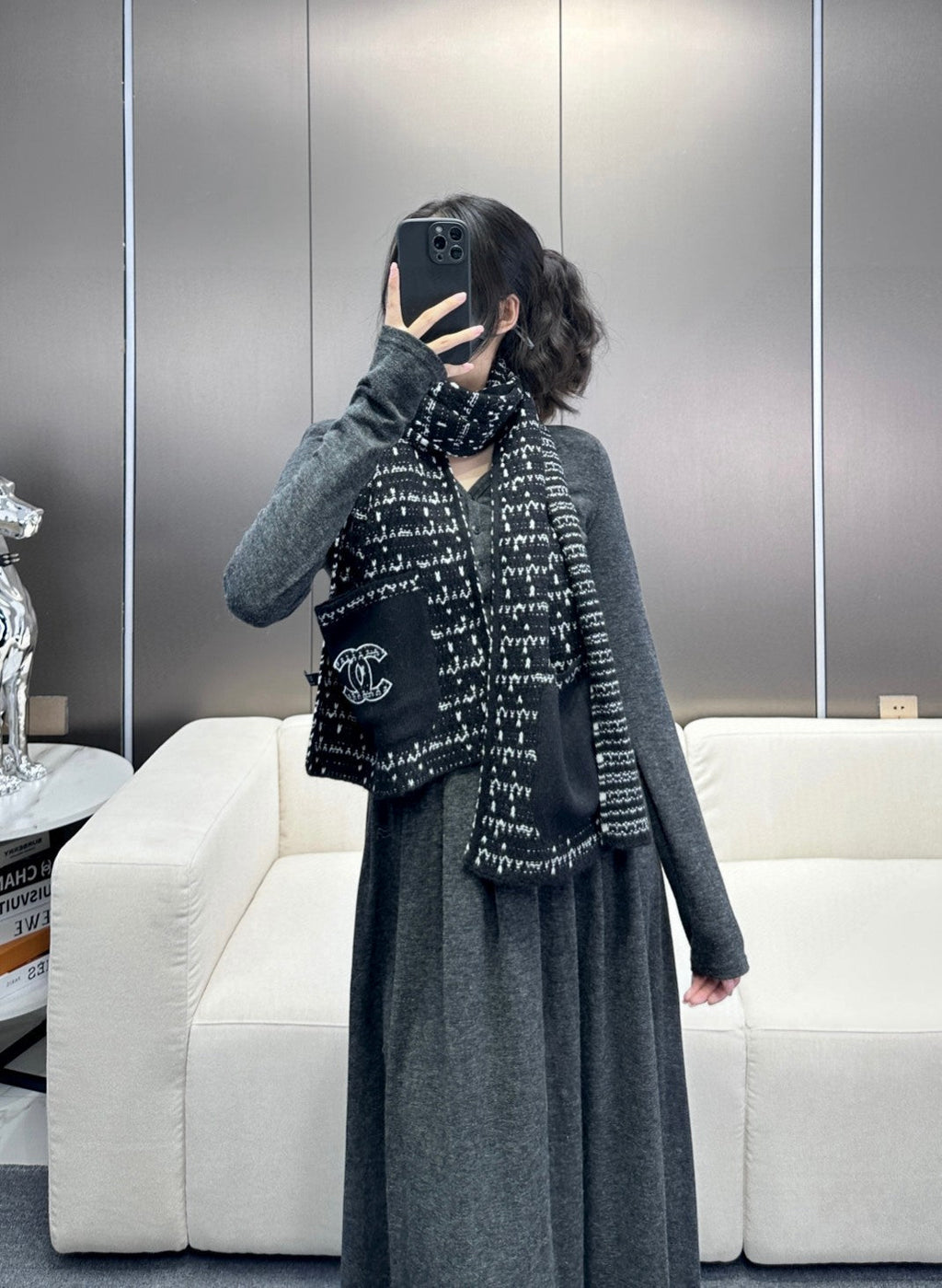 CC Scarf 180 CM In Black White Cashmere 421359
