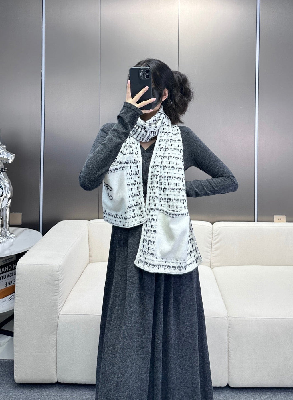 CC Scarf 180 CM In White Black Cashmere 421360