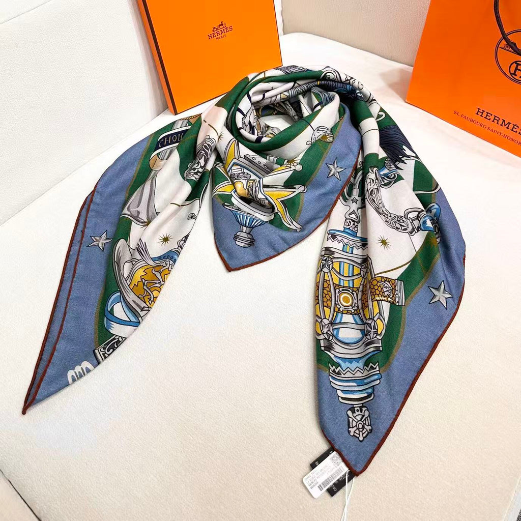 HM  Creative Origins Scarf 135CM Blue White Cashmere Silk 969435