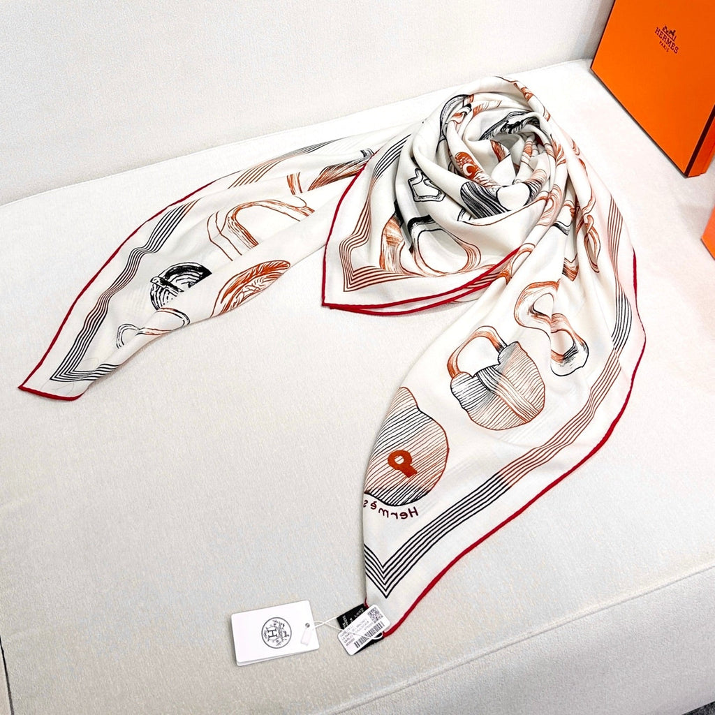 HM Reversible Shawl Scarf 135CM White Deep Red Cashmere Silk 969421
