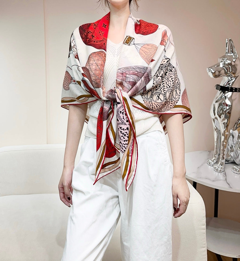 LV urkish Hot Air Balloon Scarf 140cm Red Colorful Cashmere 971099