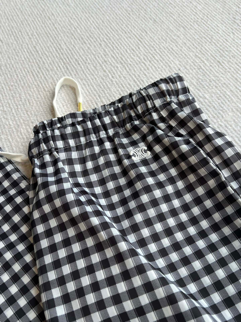 Celine 25 Arc de Triomphe Plaid Casual Pants Black White Polyester