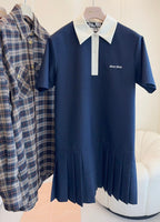 Miumiu 2025 Short-sleeved Pleated Dress Navy Blue Cotton