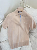 Miu Miu 25 Striped Polo Short-sleeved Sweatshirt Beige Cashmere