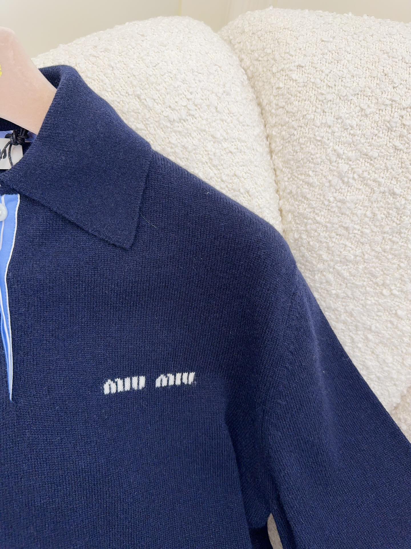 Miu Miu 25 Striped Polo Sweatshirt Dark Blue Cashmere