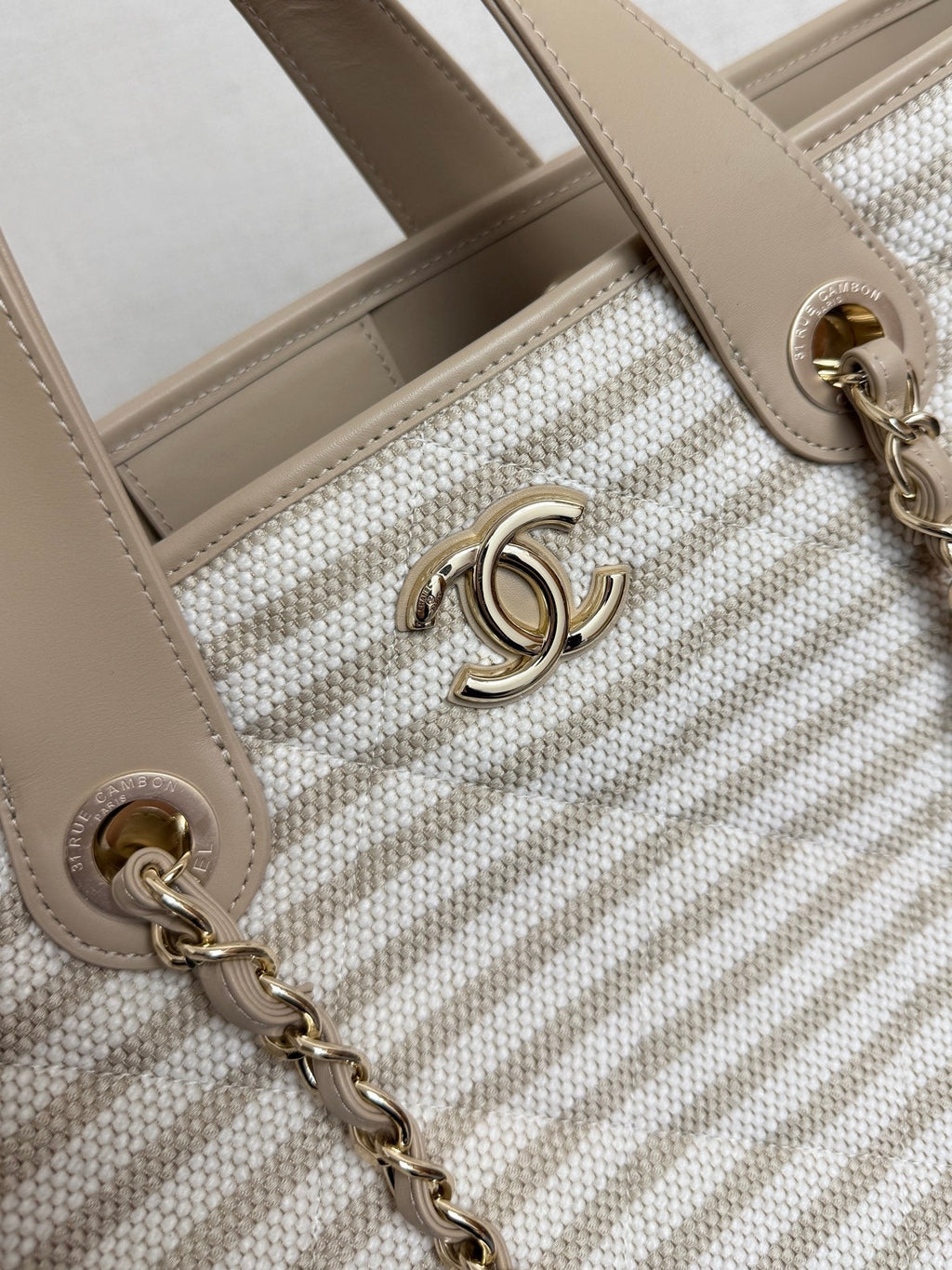 Chanel 26 Woven Beach Bag 46 White Light Beige Canvas Leather