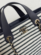 Chanel 26 Woven Beach Bag 46 White Navy Blue Canvas Leather
