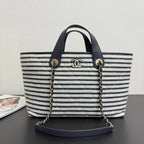 Chanel 26 Woven Beach Bag 46 White Navy Blue Canvas Leather