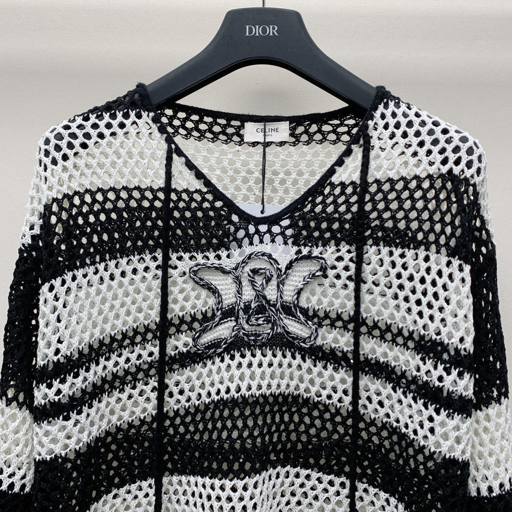 Celine 25  Hollow Crochet Cardigan Black White Wool Polyester 277568