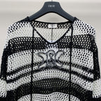 Celine 25  Hollow Crochet Cardigan Black White Wool Polyester 277568