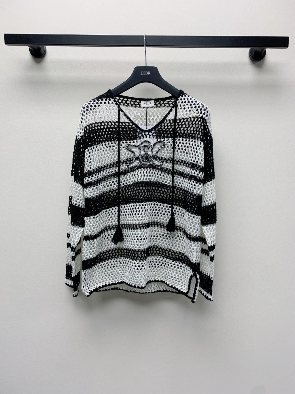 Celine 25  Hollow Crochet Cardigan Black White Wool Polyester 277568