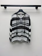 Celine 25  Hollow Crochet Cardigan Black White Wool Polyester 277568
