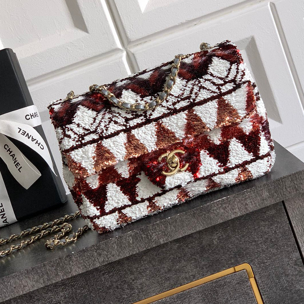 Chanel 2026 Flap Bag 20cm Red mix White Sequin Leather