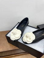 CC Ballet Flats Black With Camellia White Lambskin