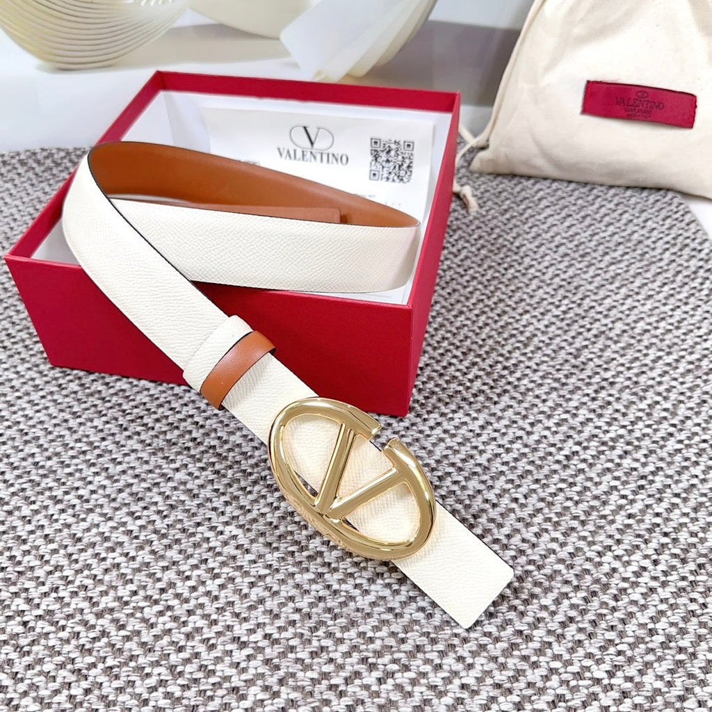 The Bold Edition Reversible Belt 30mm Cream Brown Grained Calfskin Gold Buckle