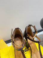 FENDI HIGH-HEELED 10 CM IN CHESTNUT BROWN GLOSSY LAMBSKIN WITH GOLD HARDWARE