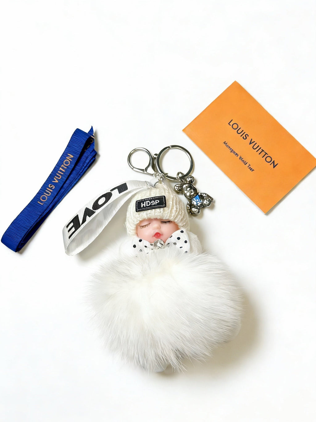 LV White Fluffy Plush Sleeping Baby Doll Charm