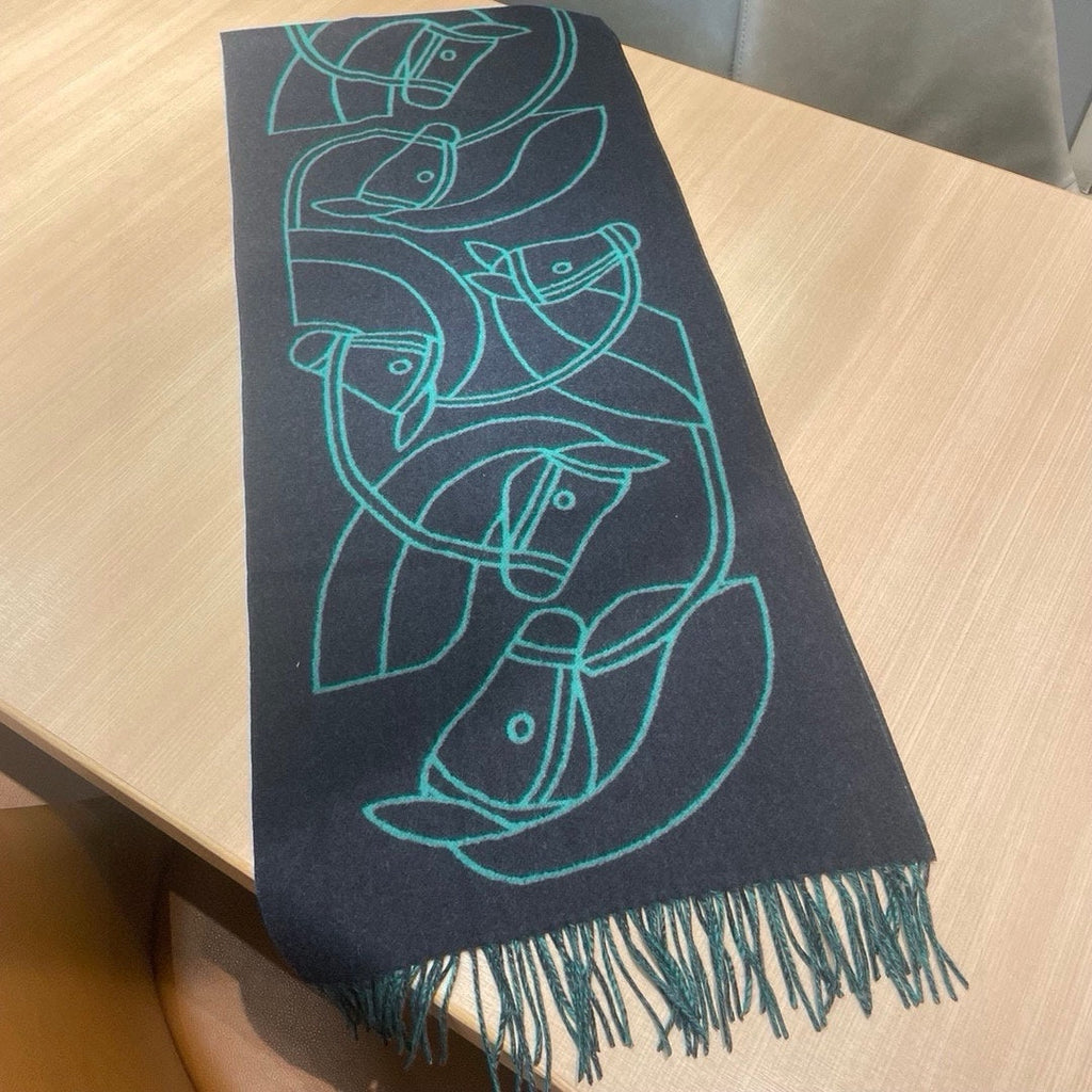 Casaque Entrelacs Equestres Scarf 195 CM Black Mix Jade Green Cashmere