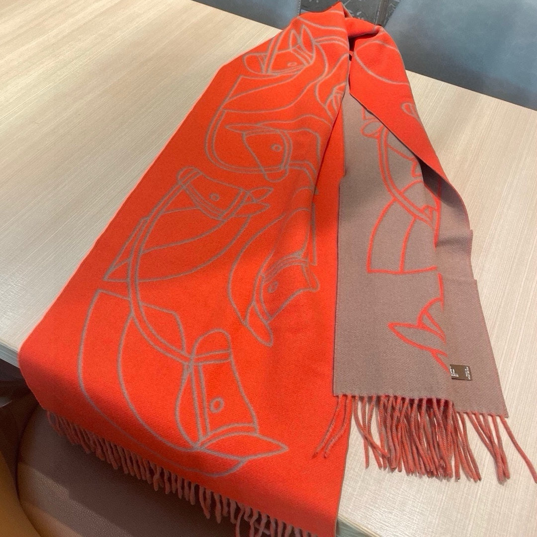 Casaque Entrelacs Equestres Scarf 195 CM Orange Mix Light Brown Cashmere