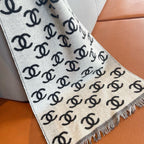 CC Scarf 180 CM In Black Mix White Print Logo Cashmere And Wool 413631