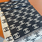 CC Scarf 180 CM In Black Mix White Print Logo Cashmere And Wool 413631