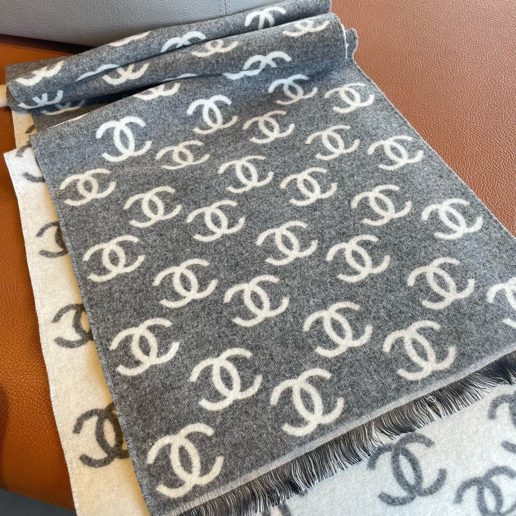 CC Scarf 180 CM In Grey Mix White Print Logo Cashmere And Wool 413632
