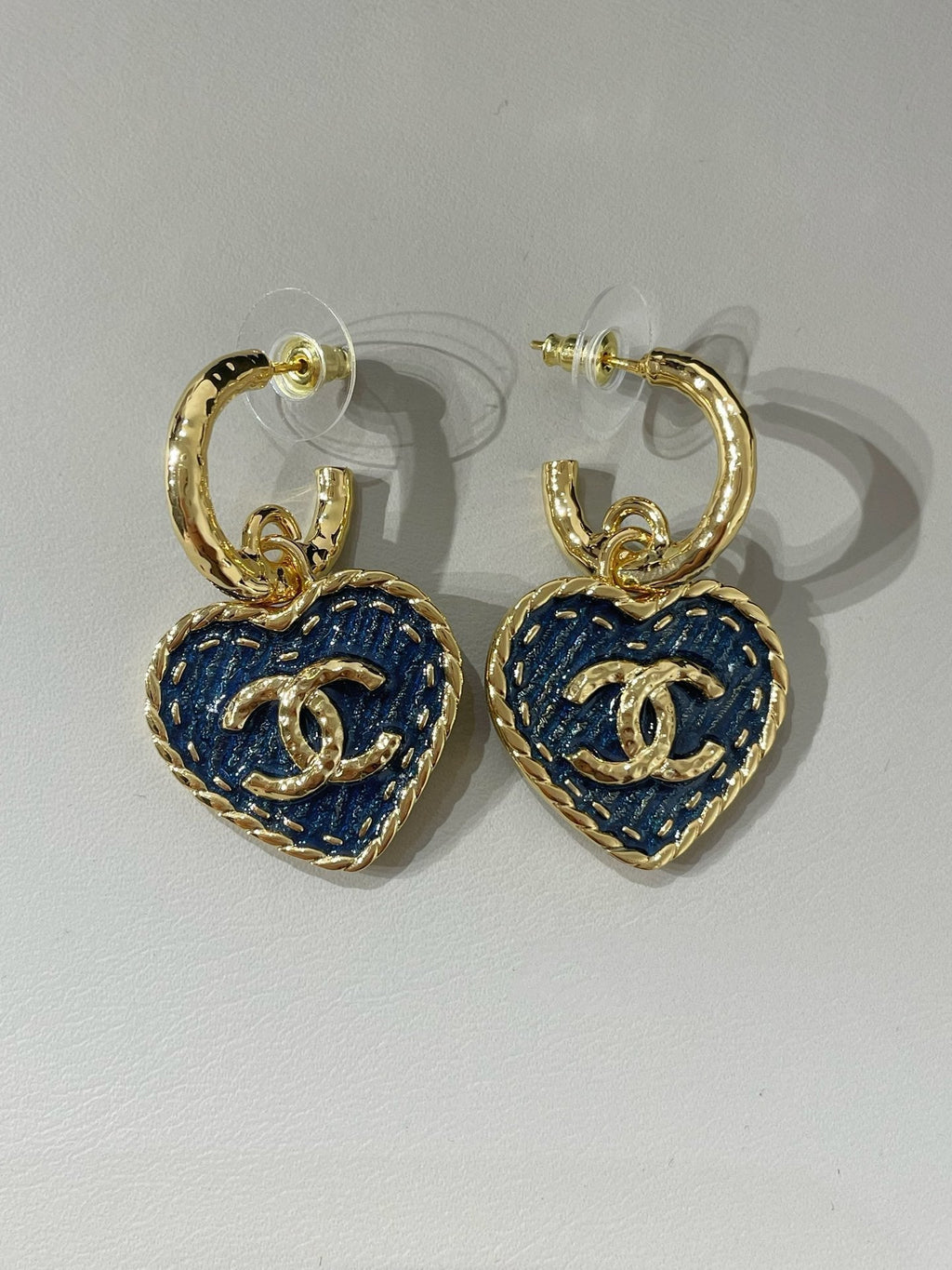 cc heart blue denim light gold hoop earrings