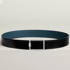 HM Silver Tube H Buckle Belt 38mm Prussian blue Black Leather 187523