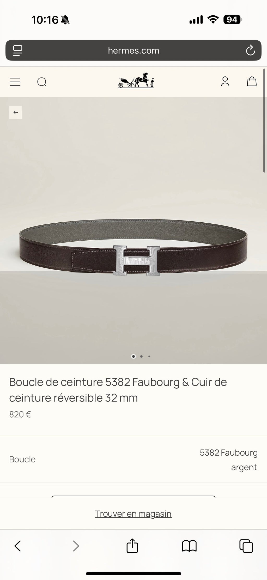 HM Silver H 5382 Faubourg Buckle Belt 32mm Gray Green Leather 187600