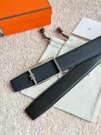 HM Silver Tube H Buckle Belt 38mm Black Leather 187780