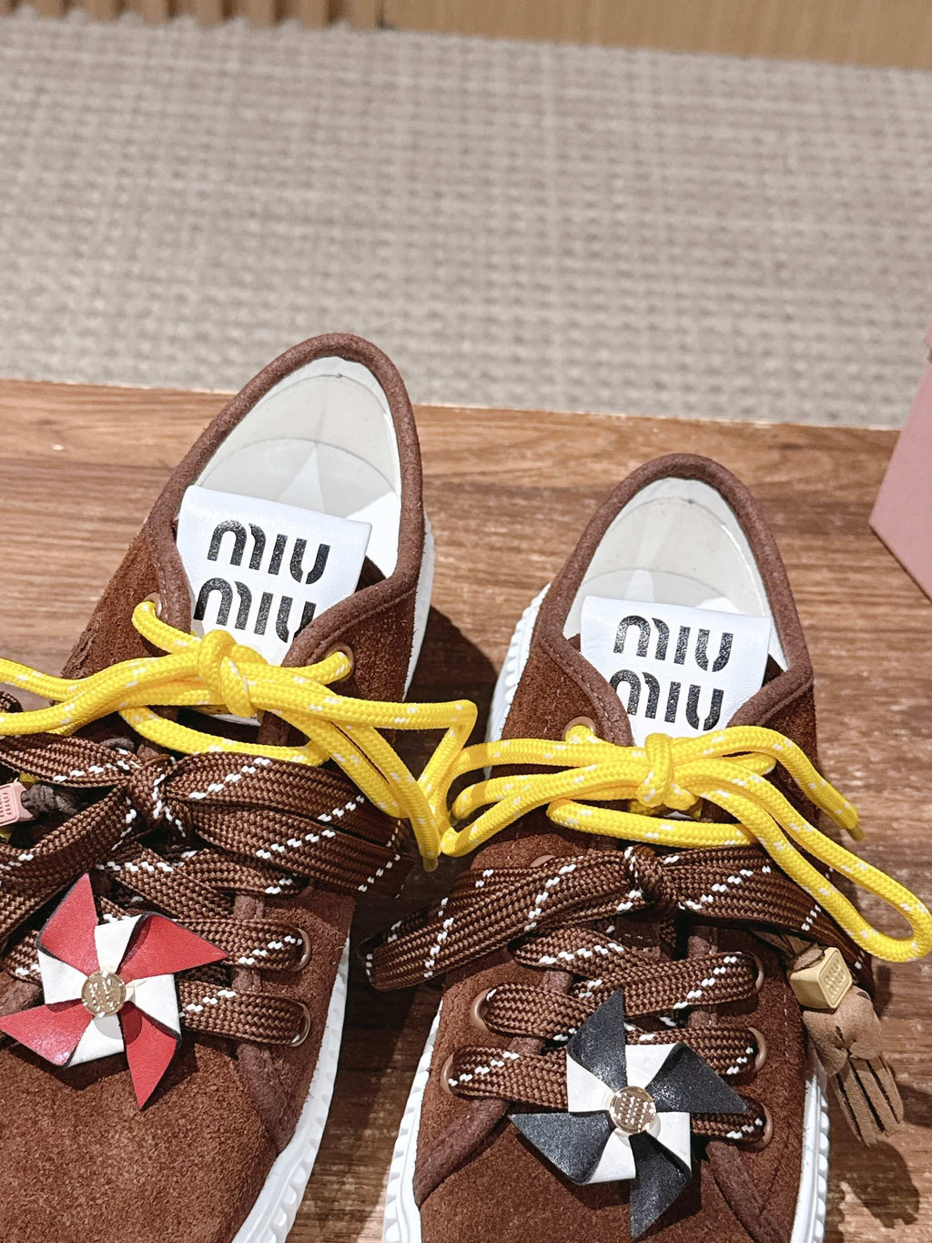 Miumiu 25 Platform Sneakers Brown Yellow Suede Wool 553691