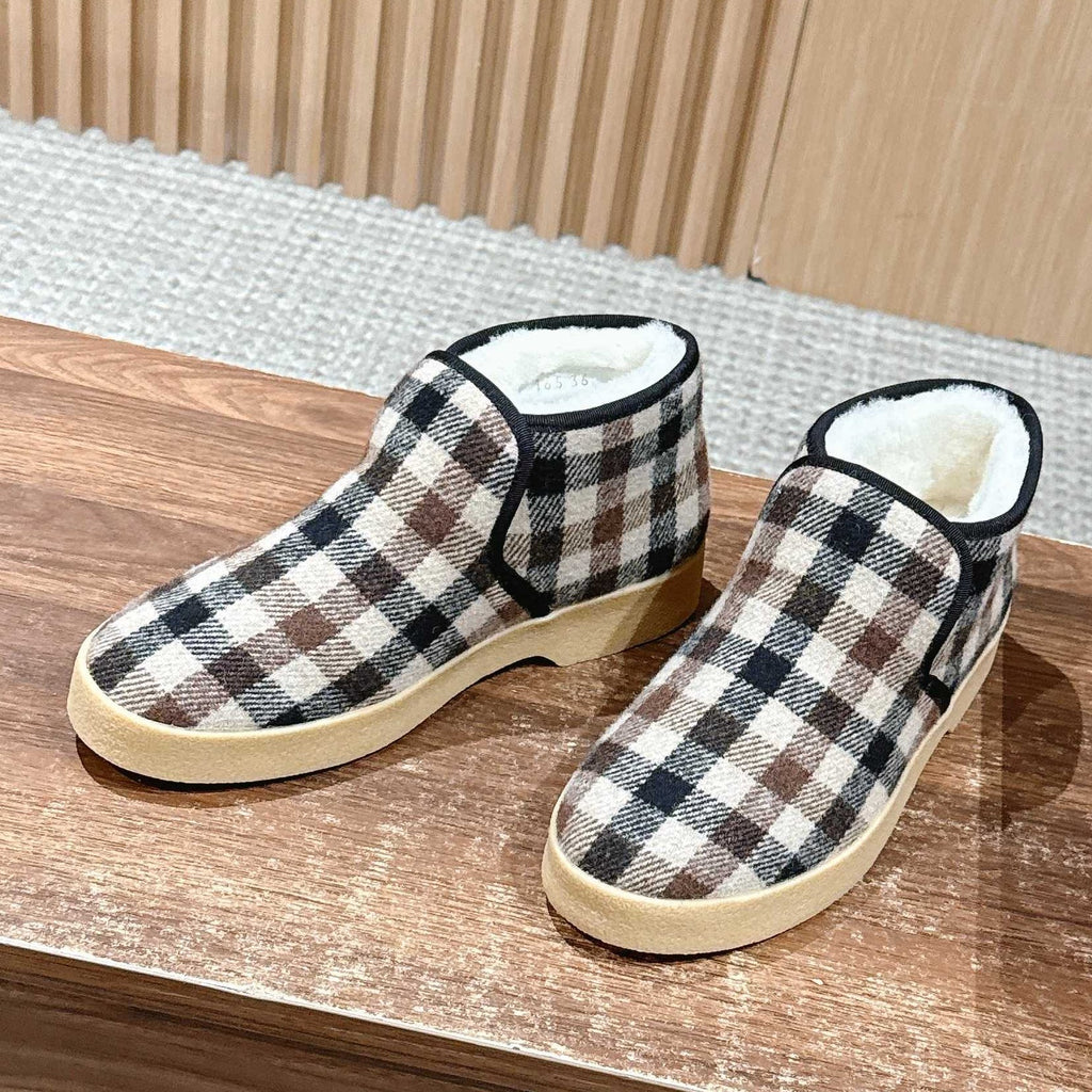 Miumiu 25 Plaid Slip-on Boot Black Brown Mix White Suede Wool 553702