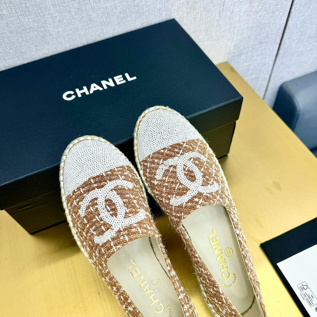 espadrilles brown tweed white sequin