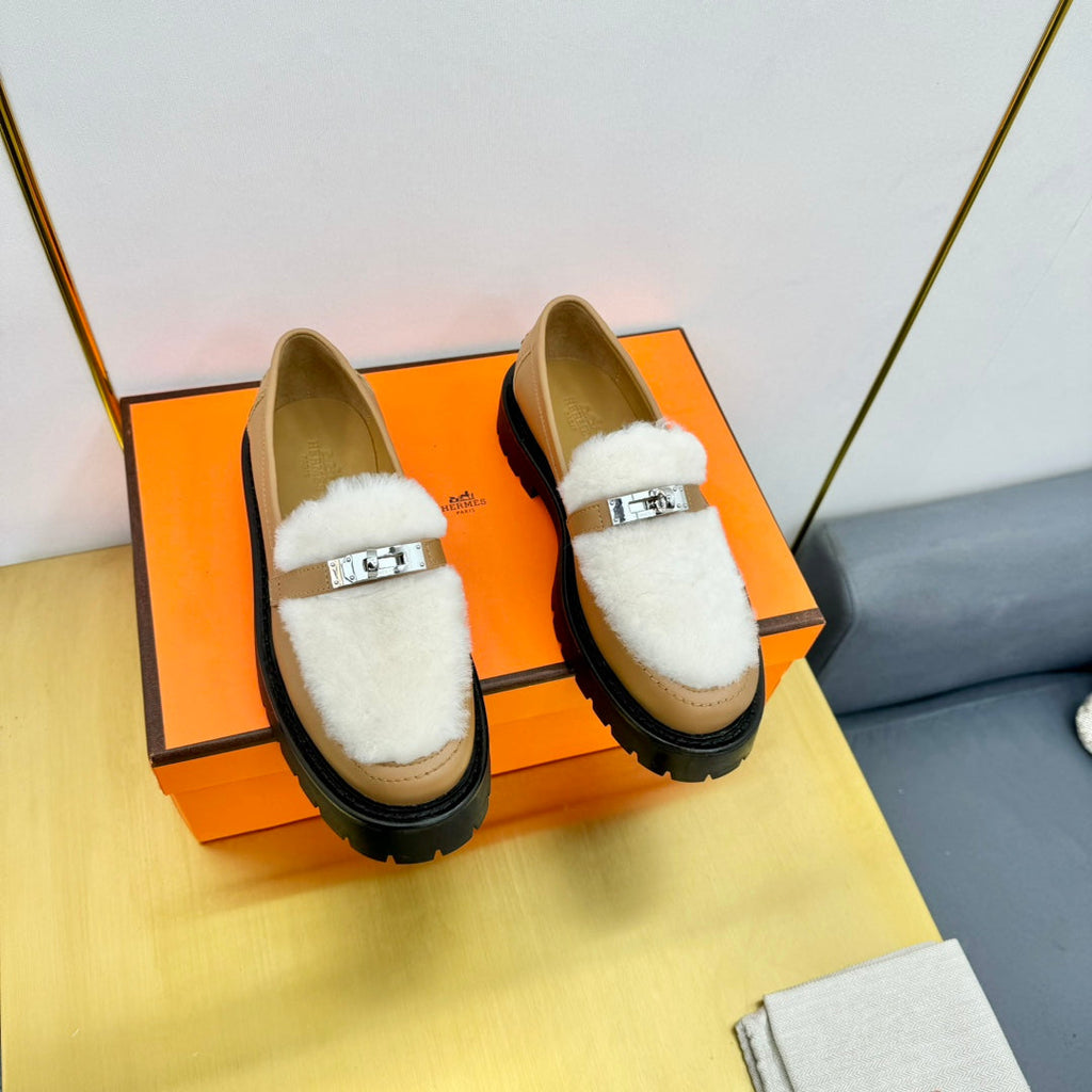 HM Icone Loafer White Shearling Brown Clalfskin