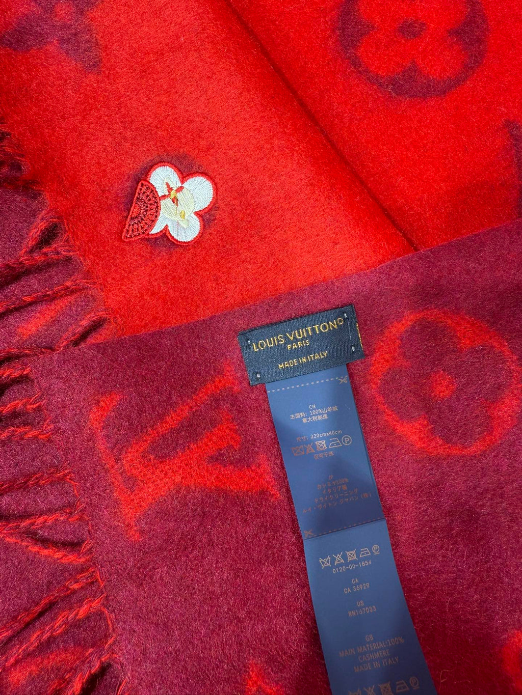 LV Reykjavik Monogram Scarf 220cm Red Cashmere 969395