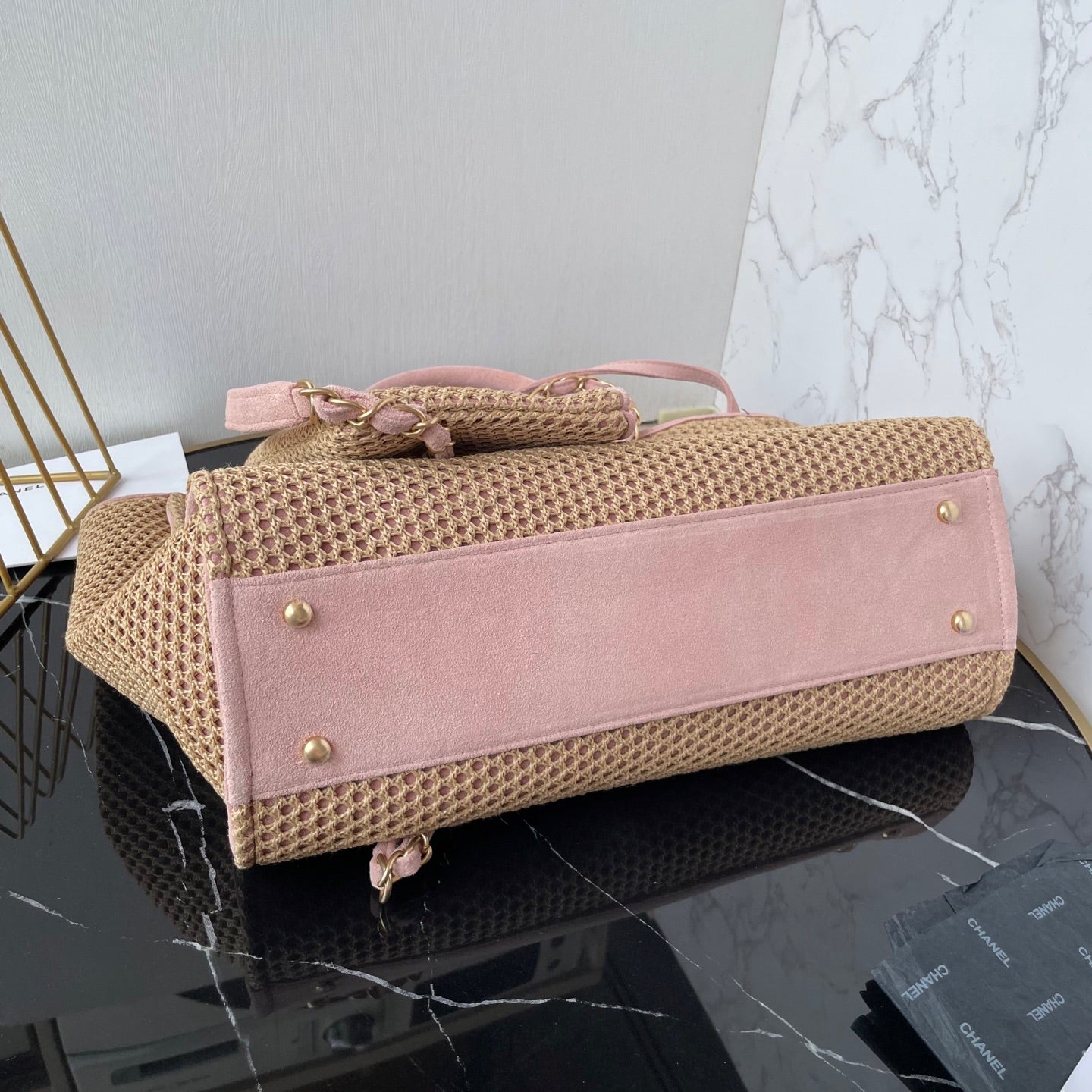 CC 25 Deauville Tote Bag 34cm Beige Pink Crochet Suede