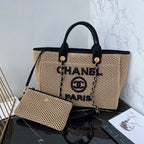 CC 25 Deauville Tote Bag 34cm Beige Black Crochet Suede