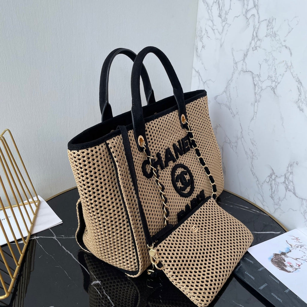 CC 25 Deauville Tote Bag 34cm Beige Black Crochet Suede