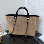 CC 25 Deauville Tote Bag 38cm Beige Black Crochet Suede