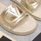 Vlogo Cut-Out Slide 20 Gold Calfskin Beige Sole Raffia